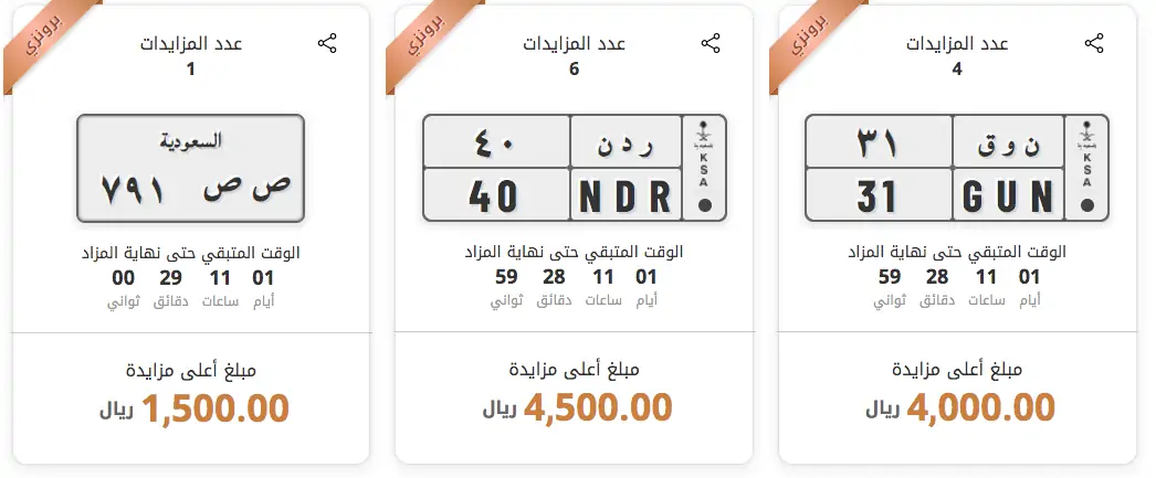 Vente aux enchères de plaques d'immatriculation sur Absher