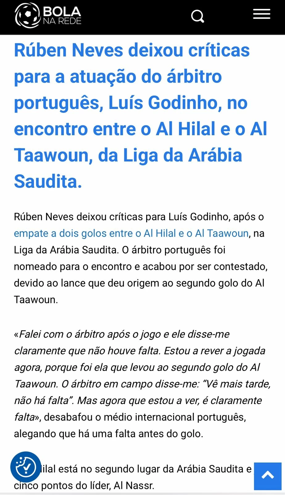 نيفيز ينتقد التحكيم بعد تعادل الهلال مع التعاون